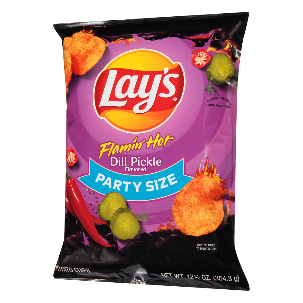 Lay S Potato Chips Flamin Hot Dill Pickle Flavored Party Size Front Right Elevated