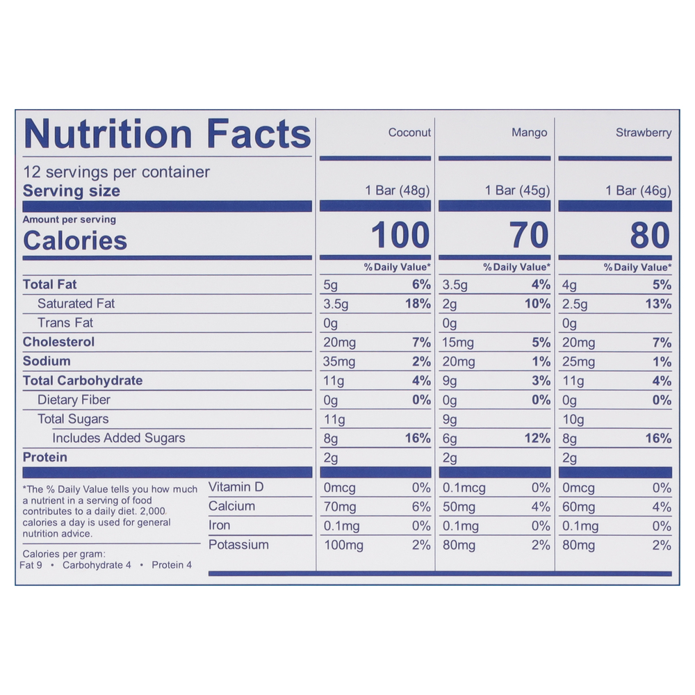 Helados Mexico Ice Cream Bars, Strawberry/Coconut/Mango, Minis, Variety Pack-Nutrition-Facts