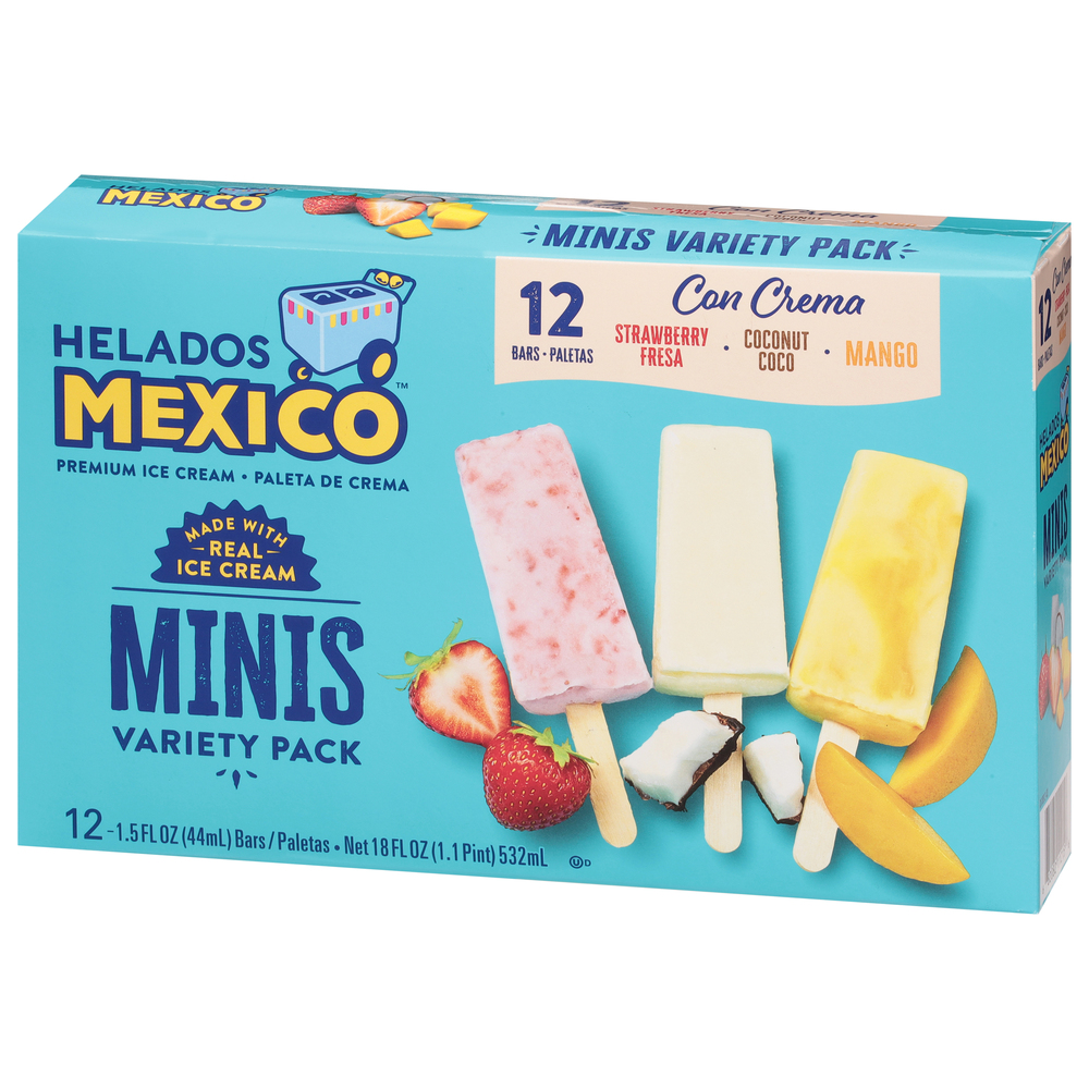 Helados Mexico Ice Cream Bars, Strawberry/Coconut/Mango, Minis, Variety Pack-Front-Right-Elevated
