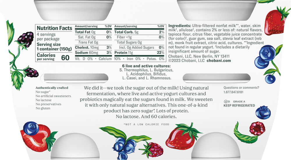 Chobani Yogurt, Greek, Nonfat, Zero Sugar, Mixed Berry Flavored