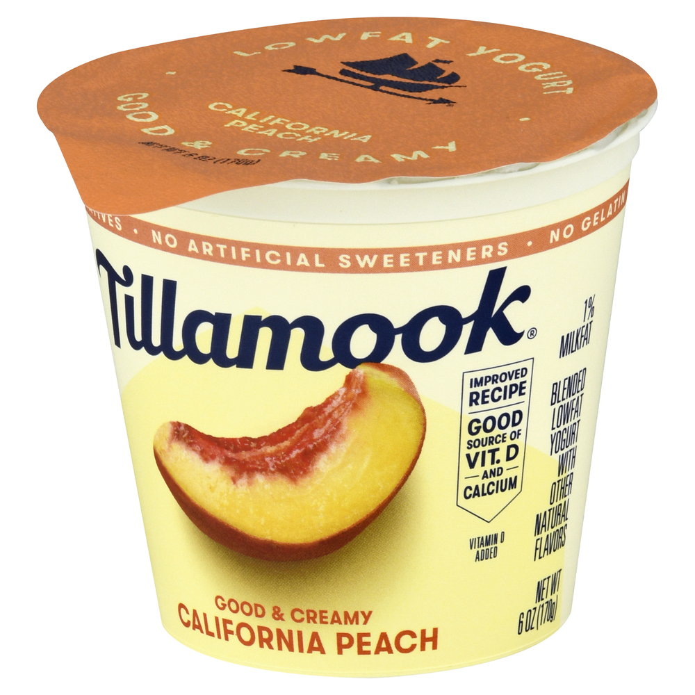 Tillamook Yogurt, Lowfat, California Peach, BlendedFrontRightElevated
