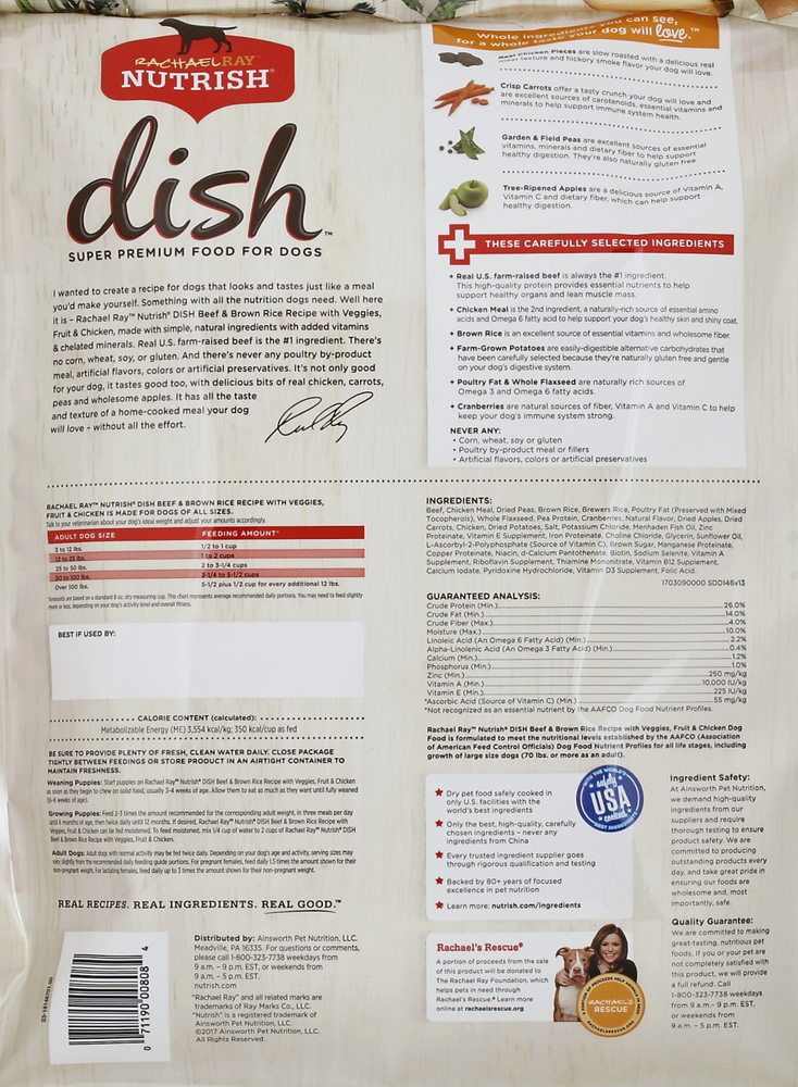 Rachael Ray Nutrish Dish Food for Dogs Super Premium Beef Brown Rice Recipe with Veggies Fruit Chicken