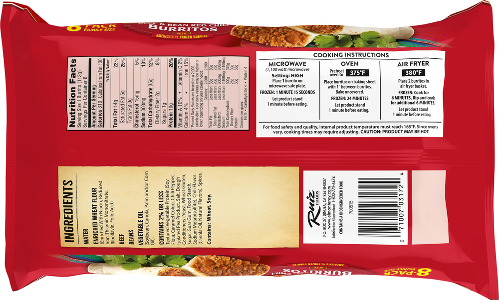 El Monterey Burritos, Beef & Bean Red Chili, Mild, Family Size, 8 Pack