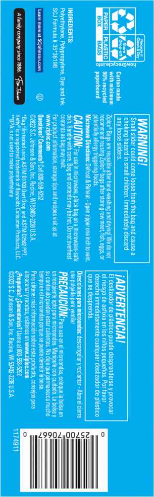 Ziploc Quart Storage Slider Bags