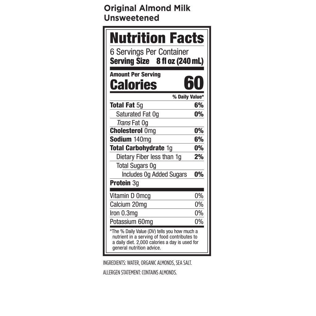 Califia Farms Almondmilk Unsweetened Organic Nutrition Facts