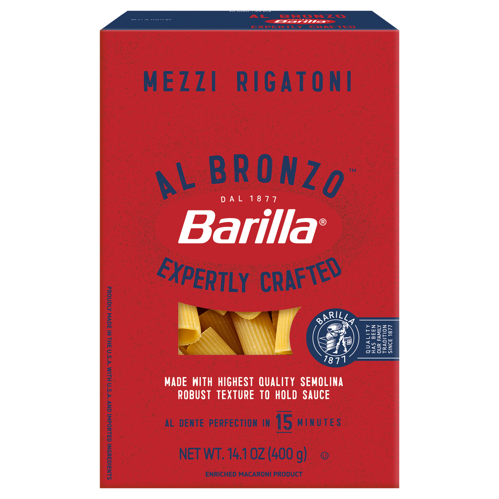 Barilla Al Bronzo Al Bronzo Mezzi Rigatoni Pasta, Bronze Cut Pasta Created from a Reserve Batch