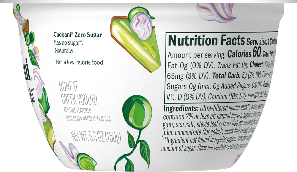 Chobani Yogurt, Greek, Nonfat, Zero Sugar, Key Lime Pie Inspired