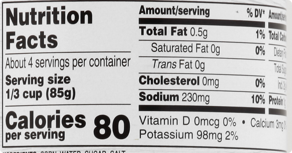 Raley's Vacuum Packed Whole Kernel CornNutritionFacts