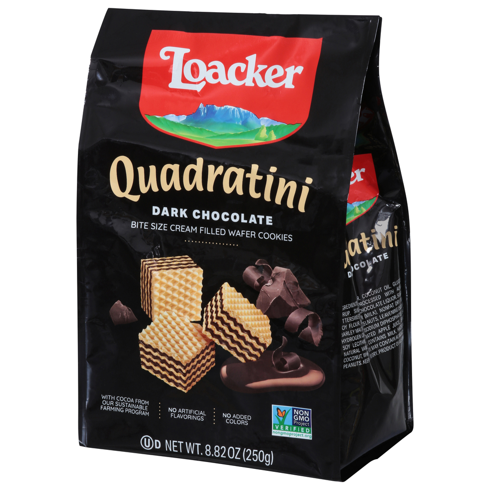 Loacker Quadratini Wafer Cookies, Dark Chocolate, Bite SizeFrontRightElevated