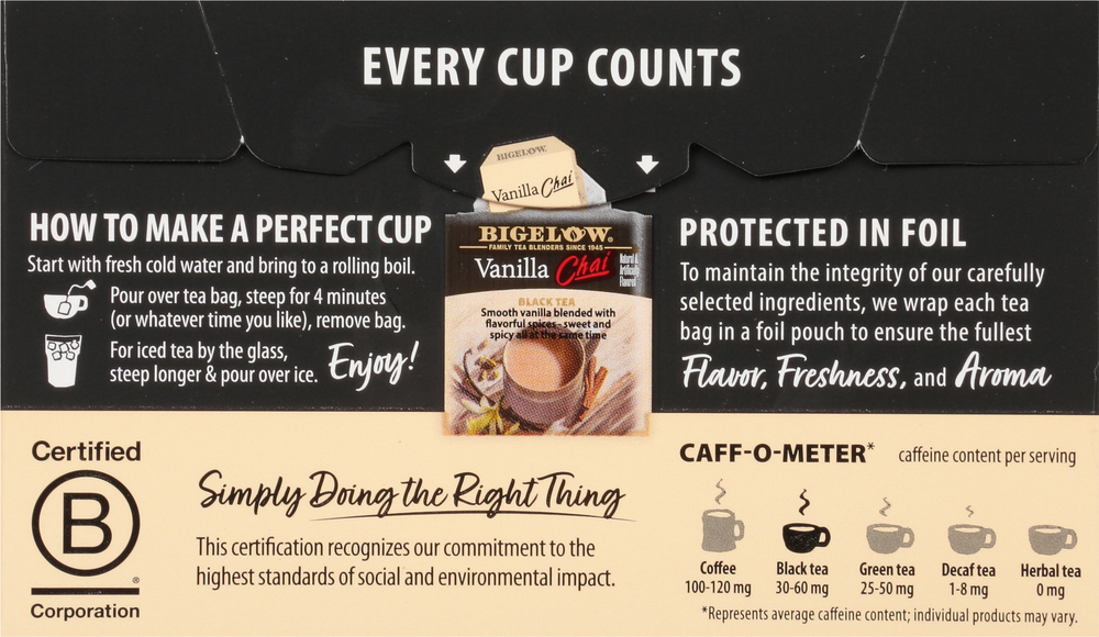 Bigelow Bigelow Vanilla Chai, Black Tea, Tea Bags, 20 CtPlanogramBack