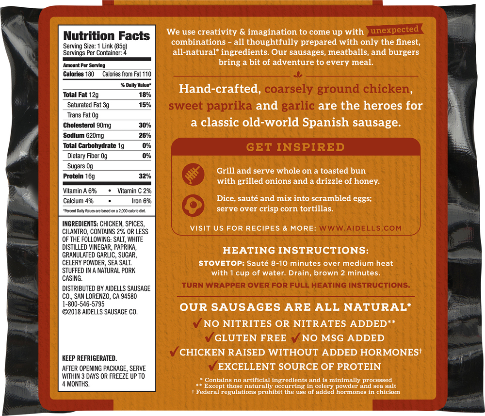 Aidells All Natural Chicken Sausage, All Natural, Smoked, Chorizo