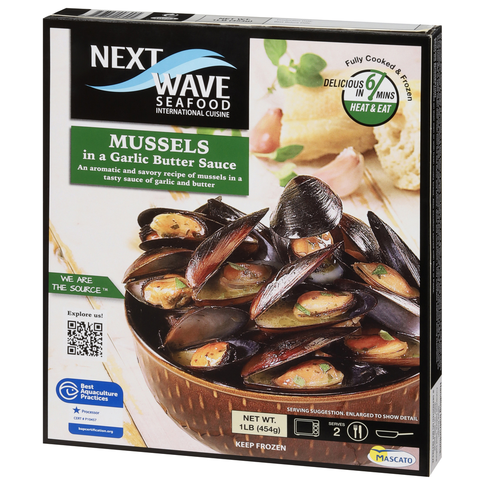 Next Wave Seafood Mussels, in a Garlic Butter SauceFrontRightElevated
