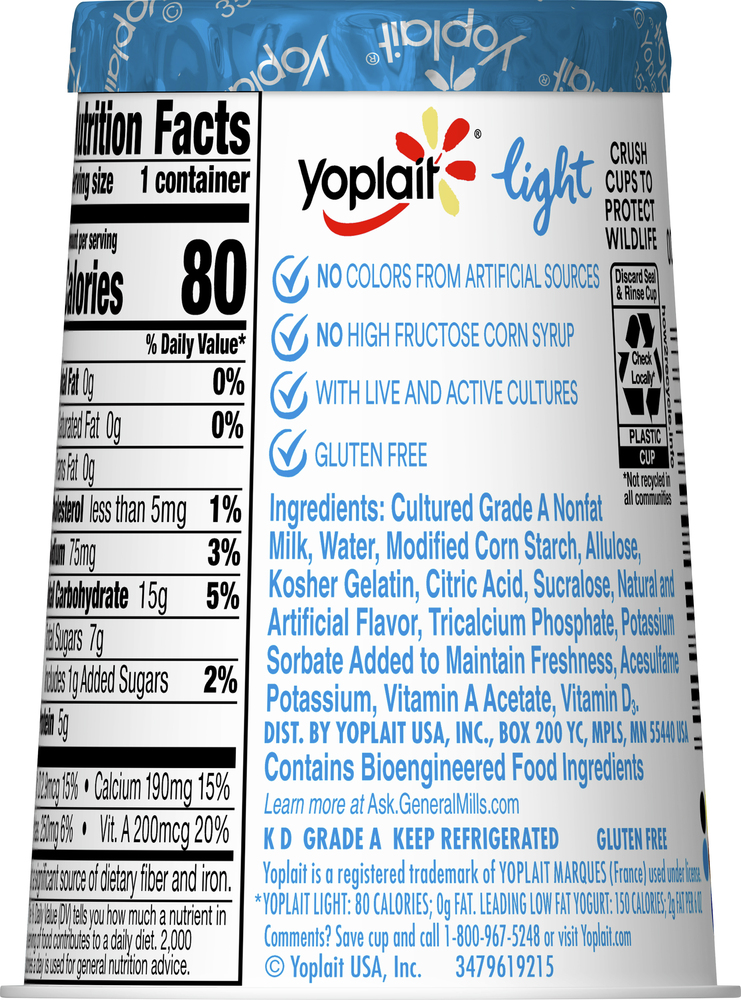 Yoplait Light Yogurt, Fat Free, Very VanillaPlanogramBack
