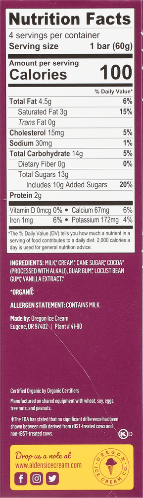 Alden's Organic Frozen Dessert, Chocolate, Fudge Bar