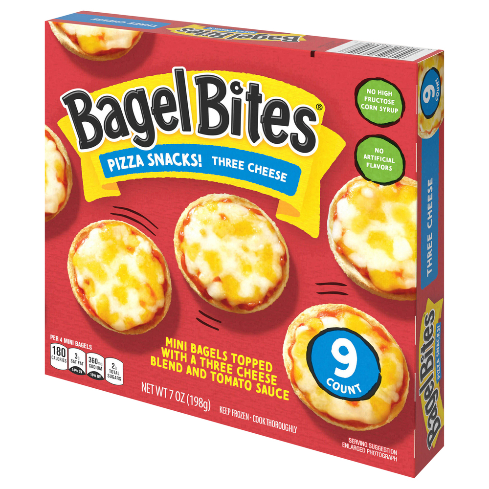 Bagel Bites Pizza Snacks, Three CheeseFrontRightElevated