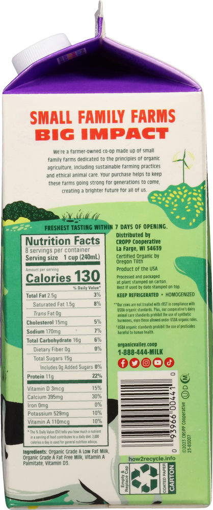 Organic Valley Milk, Low Fat, 1% Milkfat-Planogram-Right
