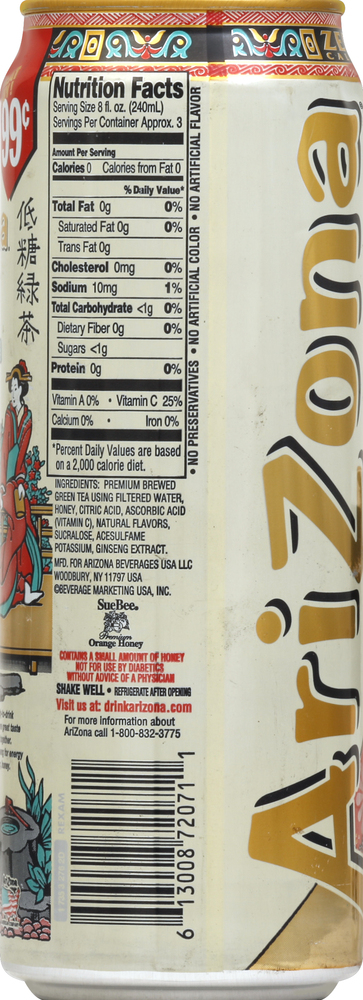 AriZona No Carb Green Tea, Diet, with Ginseng