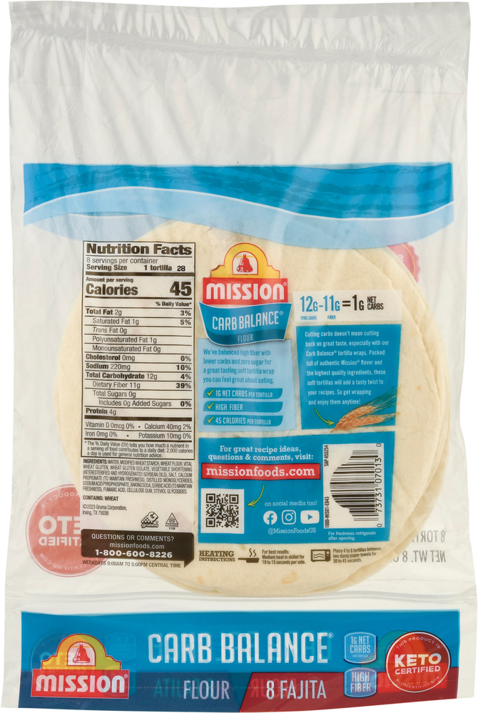 Mission Carb Balance Tortilla Wraps, Flour, Super Soft, FajitaPlanogramBack
