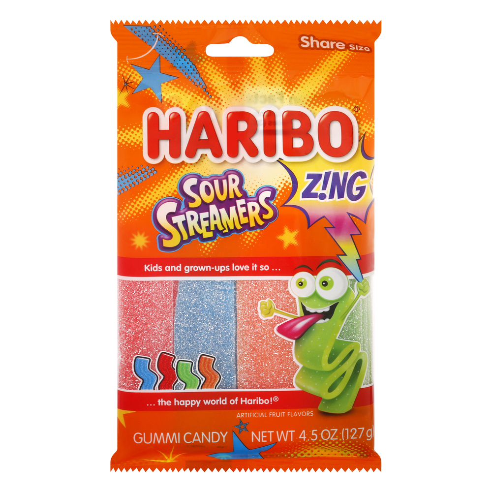 Haribo Zing Gummi Candy, Sour Streamers, Share Size