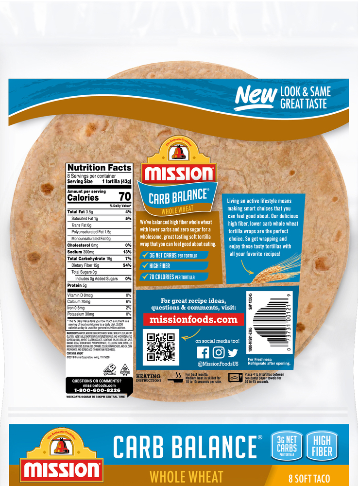 Mission Carb Balance Tortilla Wraps, Super Soft, Soft TacoPlanogramBack