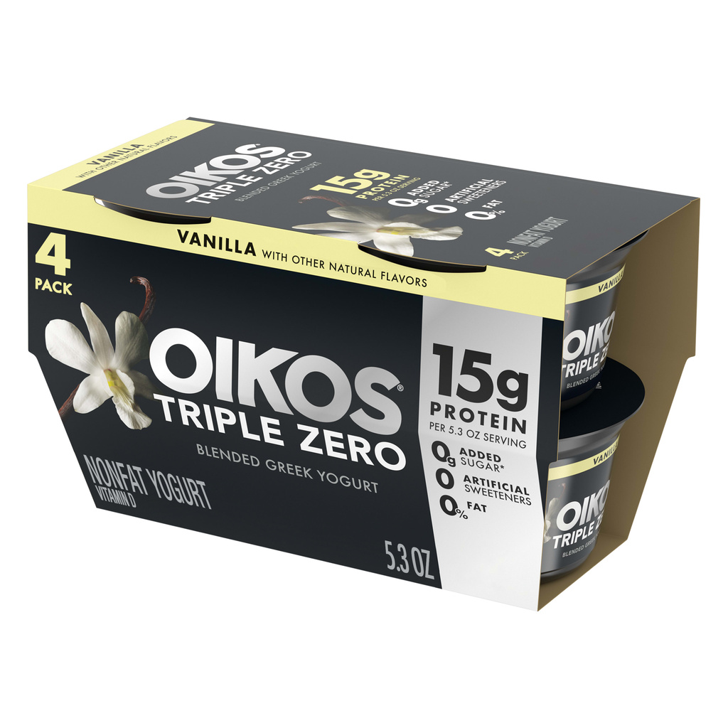 Oikos Triple Zero Yogurt, Greek, Vanilla, Blended, 4 PackHero