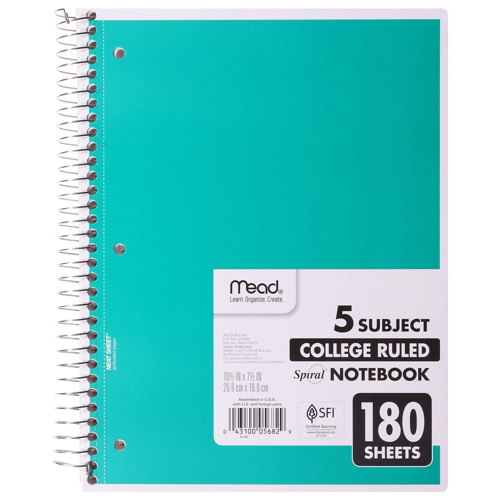 Mead Notebook, Spiral, 5 Subject, College Ruled, 180 Sheets-Main
