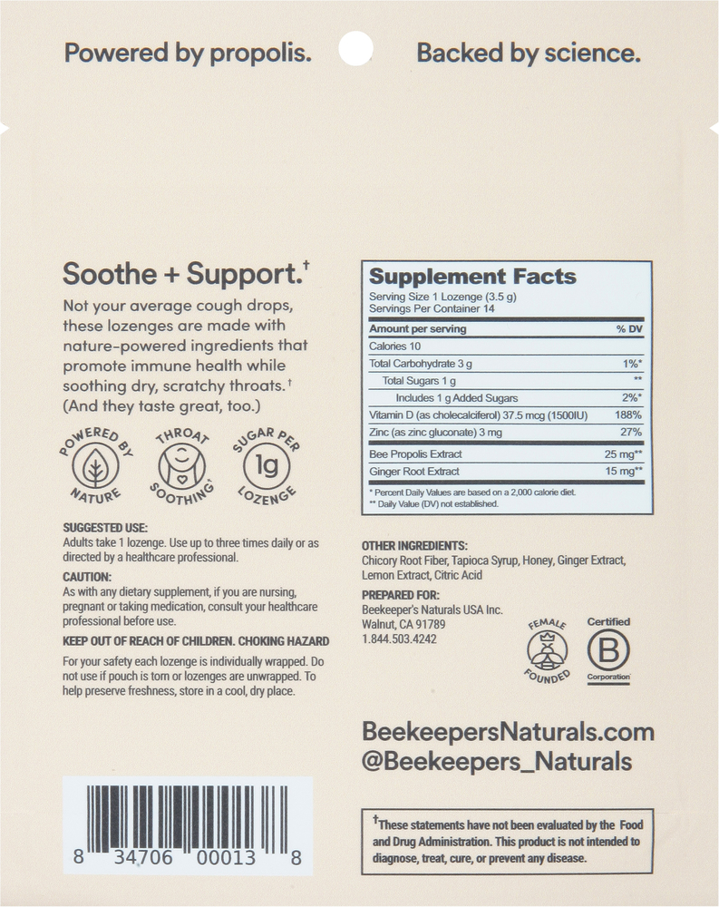 Beekeeper's Naturals Soothing Lozenges, Ginger Lemon