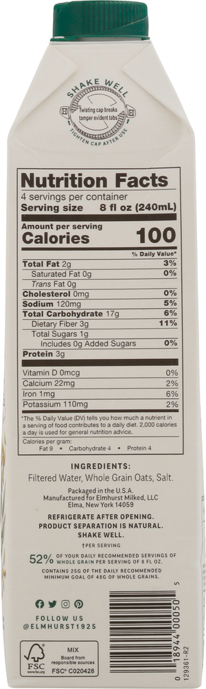 Elmhurst Milked Oats Milk Substitute, Unsweetened