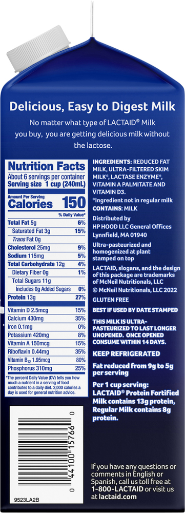 Lactaid Milk, Protein, Reduced Fat, Lactose Free, Protein, 2% Milkfat ...