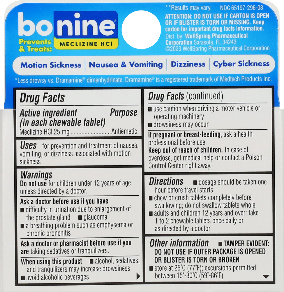Bonine Chewable Tablets Raspberry Flavored Meclizine HCl-Planogram-Back