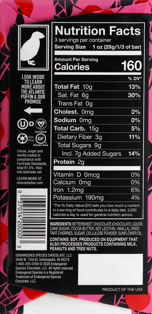 Endangered Species Dark Chocolate, Vibrant Cherries, 72% Cocoa