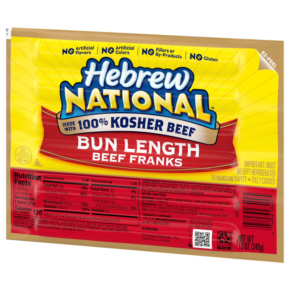 Hebrew National Beef Franks, Bun LengthFrontRightElevated