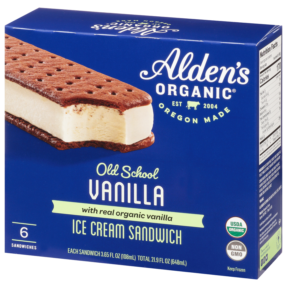 Alden's Organic Ice Cream Sandwich, Vanilla, Old SchoolFrontRight