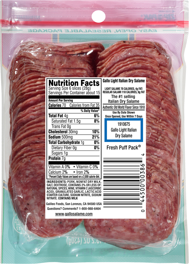 Gallo Salame Gallo® Salame Deli Thin Sliced Light Italian Dry Salame, 15.2 oz.PlanogramBack