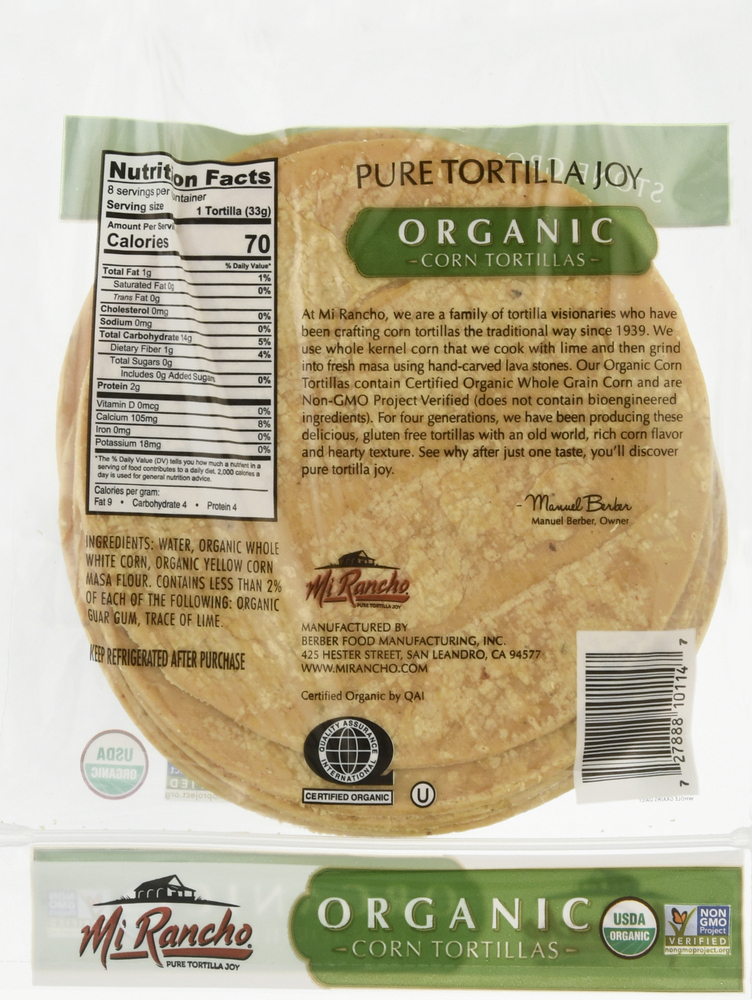 Mi Rancho Tortillas, Organic, CornPlanogramBack