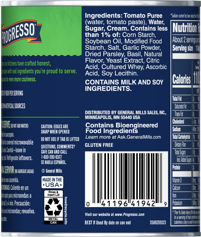 Progresso Soup, Reduced Sodium, Creamy Tomato with BasilPlanogramBack