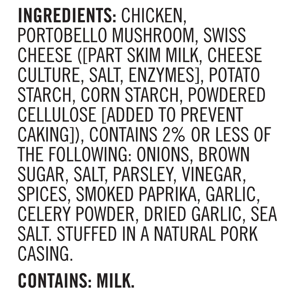 Aidells Smoked Chicken Sausage, Portobello & Swiss CheeseIngredients