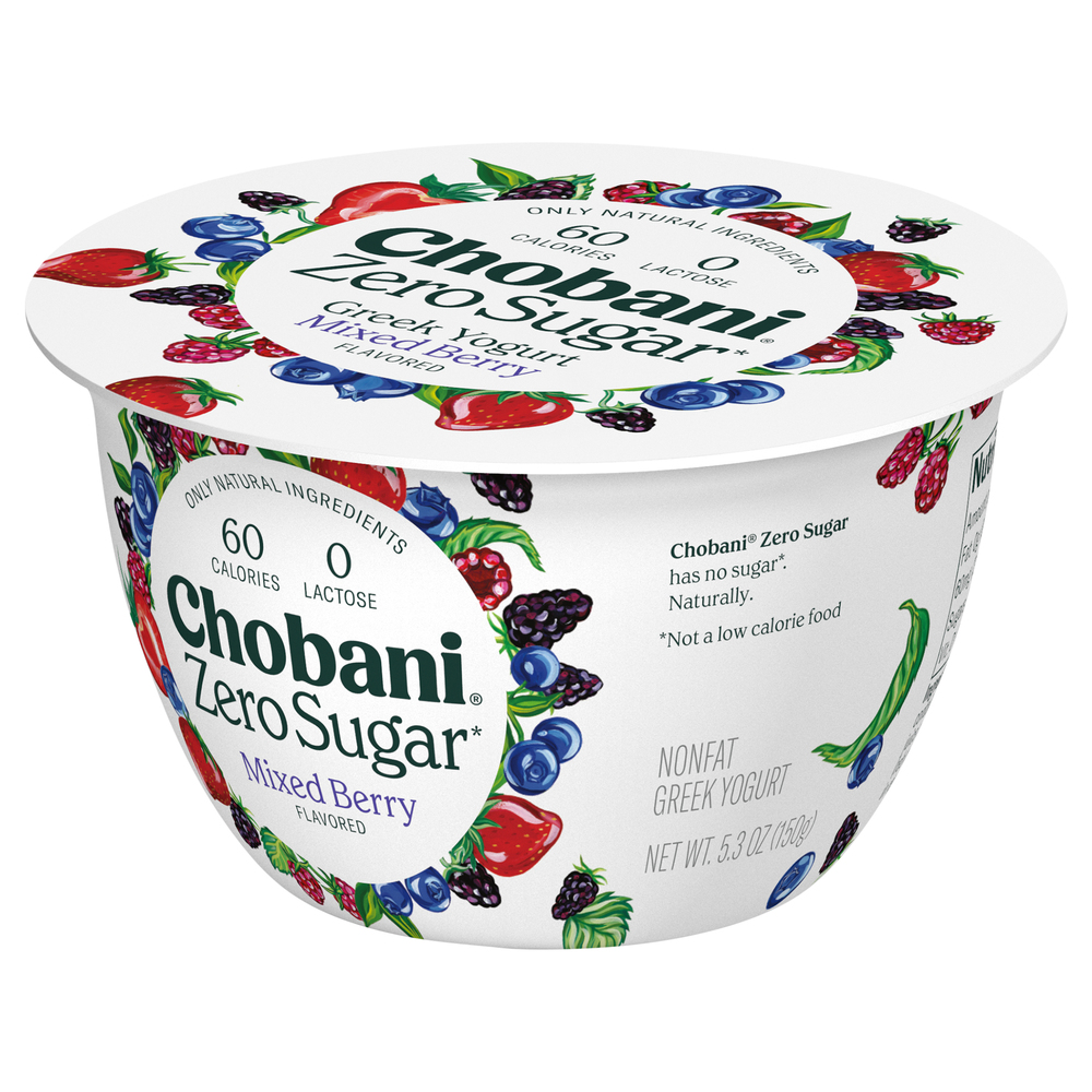 Chobani Yogurt, Greek, Nonfat, Zero Sugar, Mixed Berry FlavorFrontRightElevated