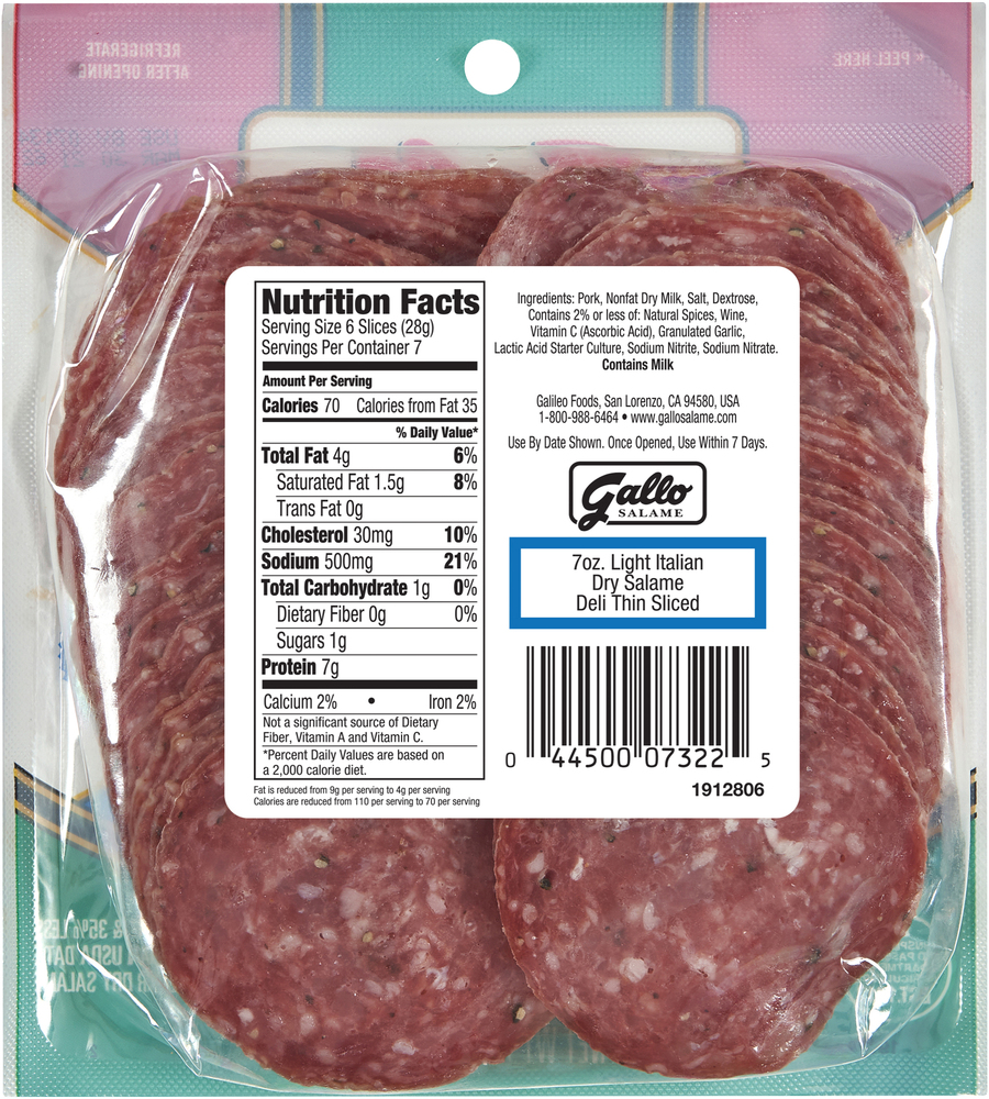 Gallo Deli Thin Sliced Light Italian Dry Salami Lunch Meat, 7 oz