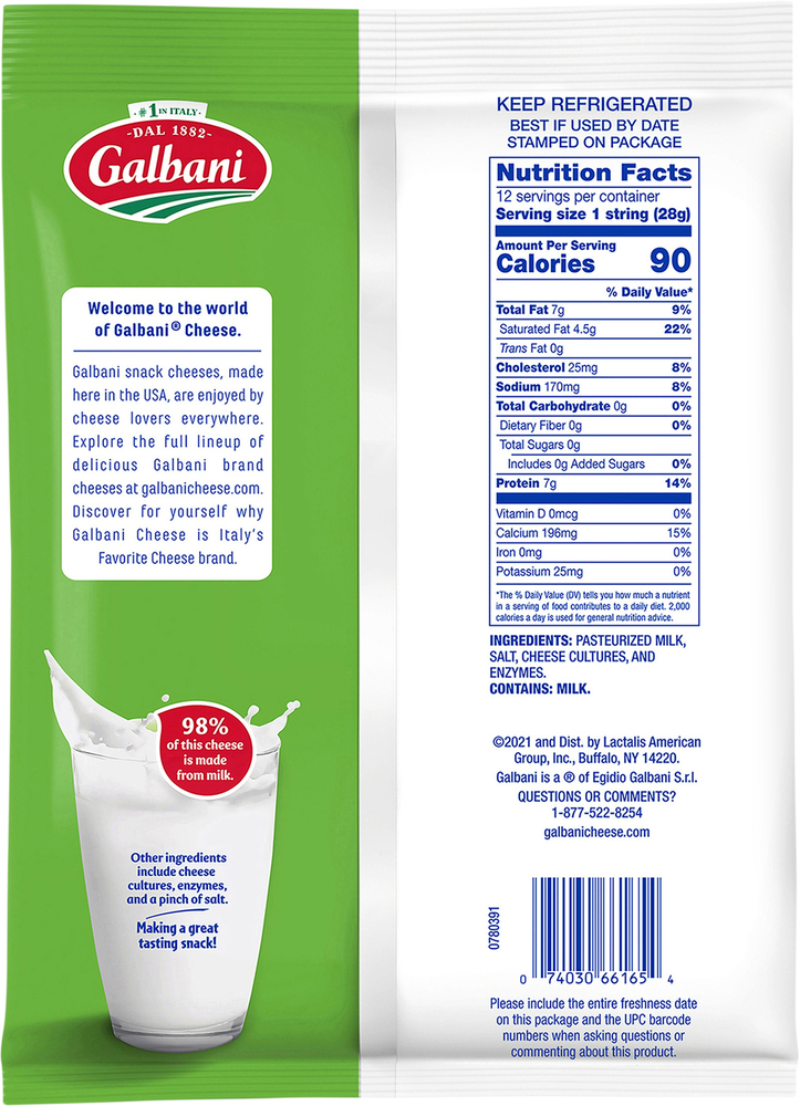 Galbani String Cheese, Whole Milk, Mozzarella, Low MoisturePlanogramBack