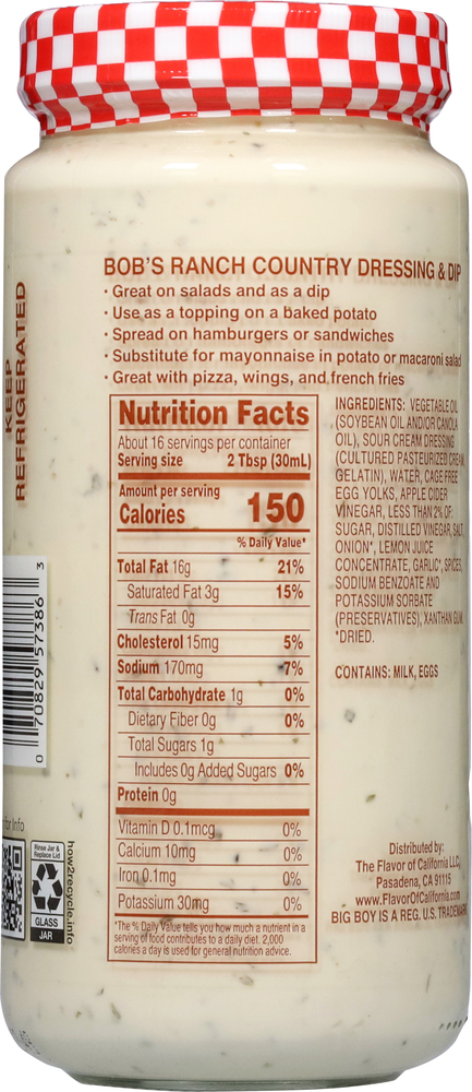 carbs in ranch salad dressing Hellmann's Light 6 x 32 oz and sea salt to deliver rich Toby's Ranch Dressing & Dip,