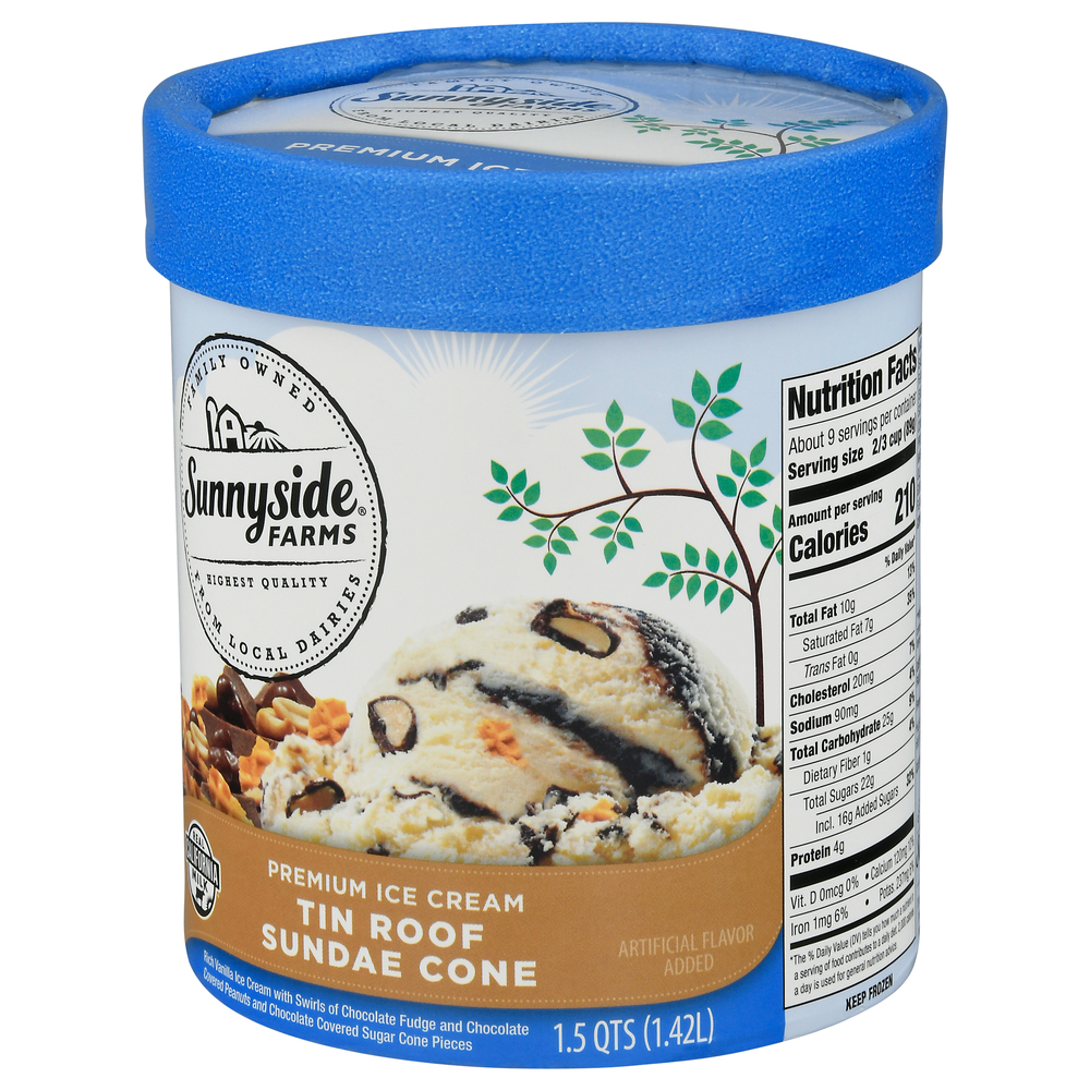 Sunnyside Farms Ice Cream, Premium, Tin Roof Sundae ConeFrontRightElevated