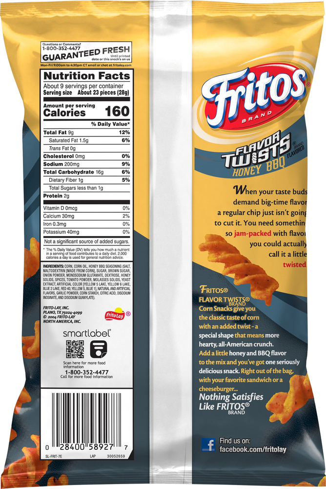 Fritos Flavor Twists Corn Snacks, Honey BBQ FlavoredPlanogramBack