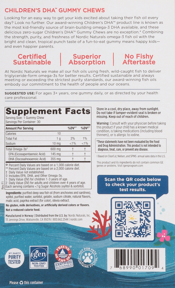 Nordic Naturals Children's DHA, Tropical Punch, Ages 3, Gummy Chews