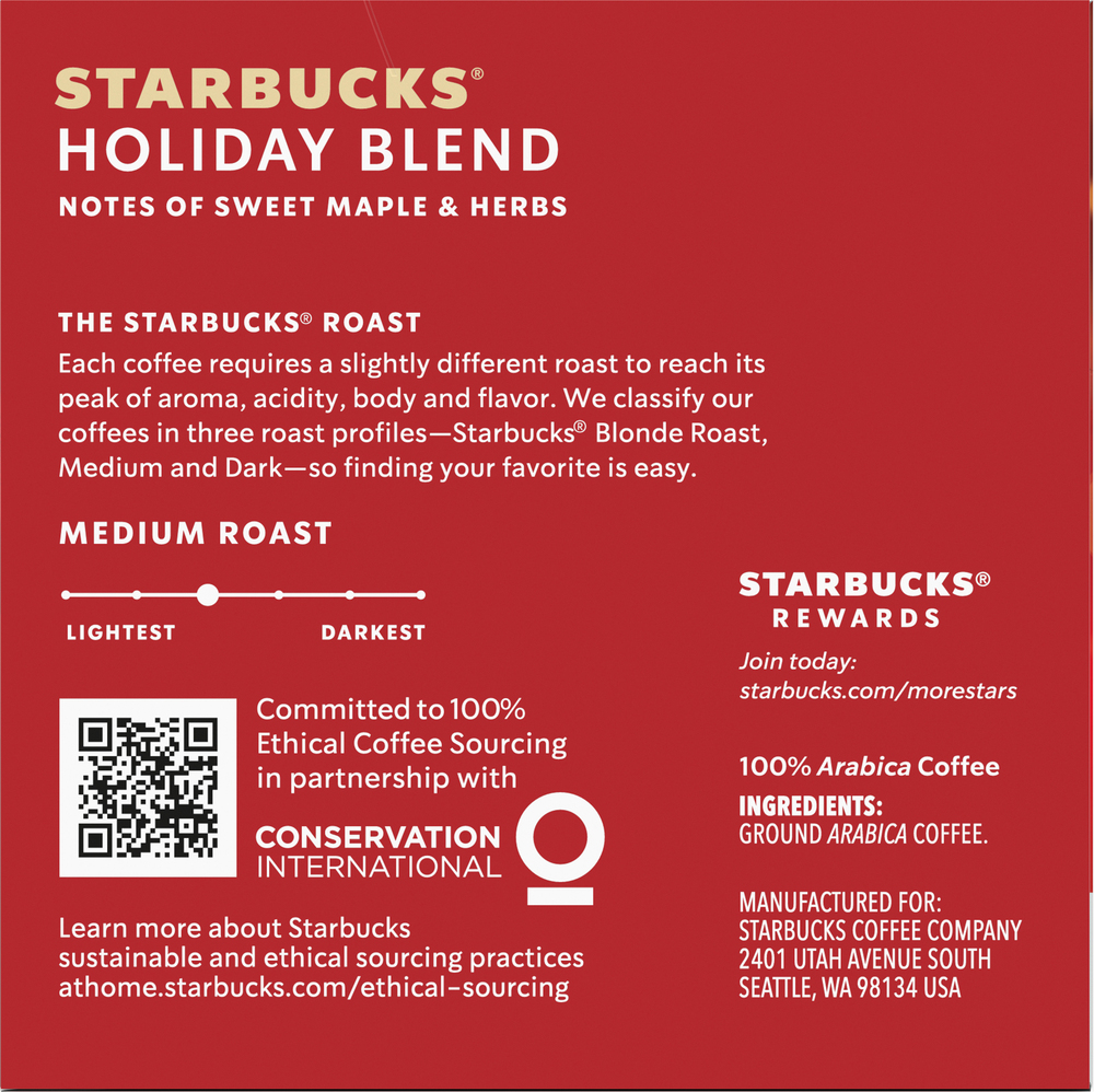 Starbucks Coffee Ground Medium Roast Holiday Blend K Cup Pods