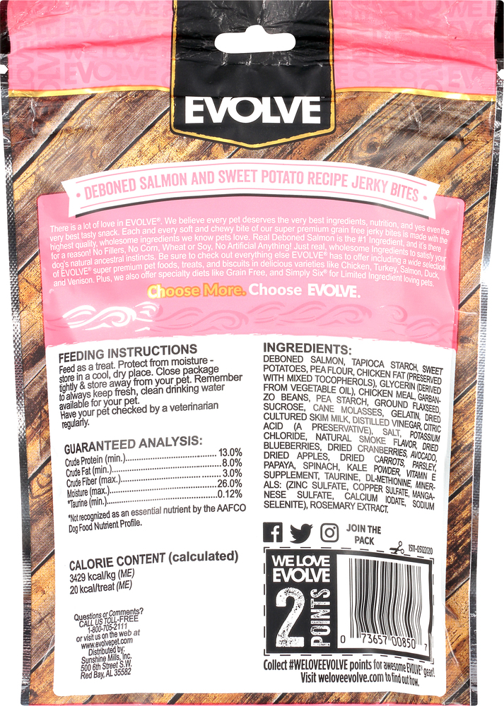 Evolve Dog Treats Grain Free Deboned Salmon Sweet Potato Recipe Jerky Bites