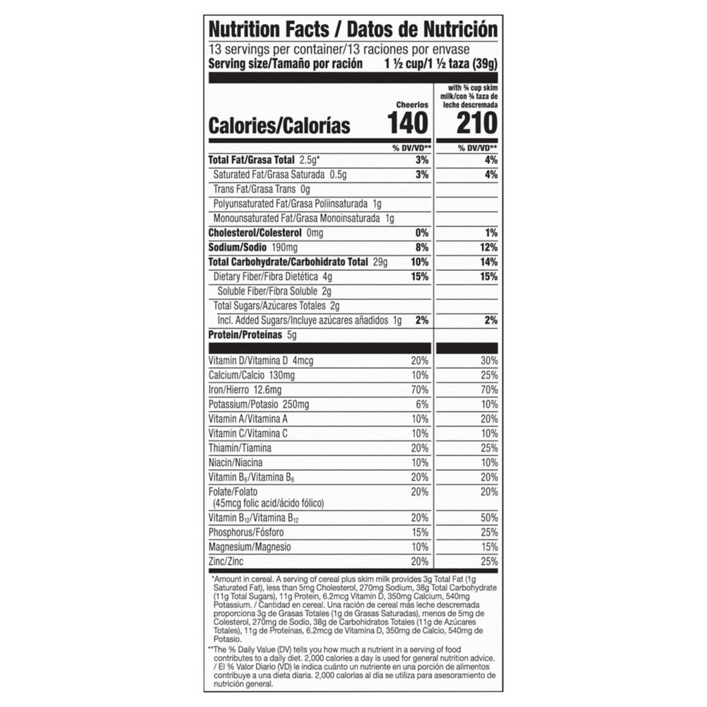 Cheerios Cereal, Toasted Whole Grain Oat, Family SizeNutritionFacts