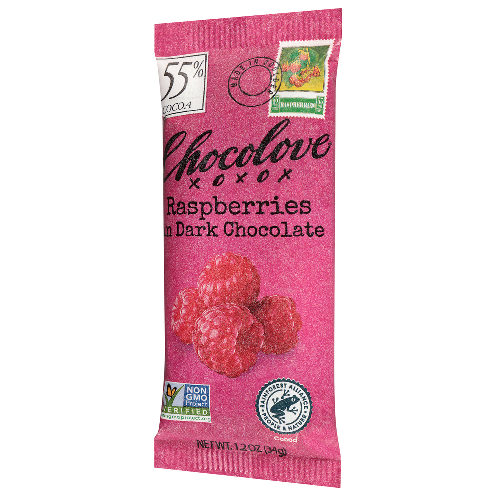 Chocolove Dark Chocolate, Raspberries, 55% Cocoa-Front-Right-Elevated