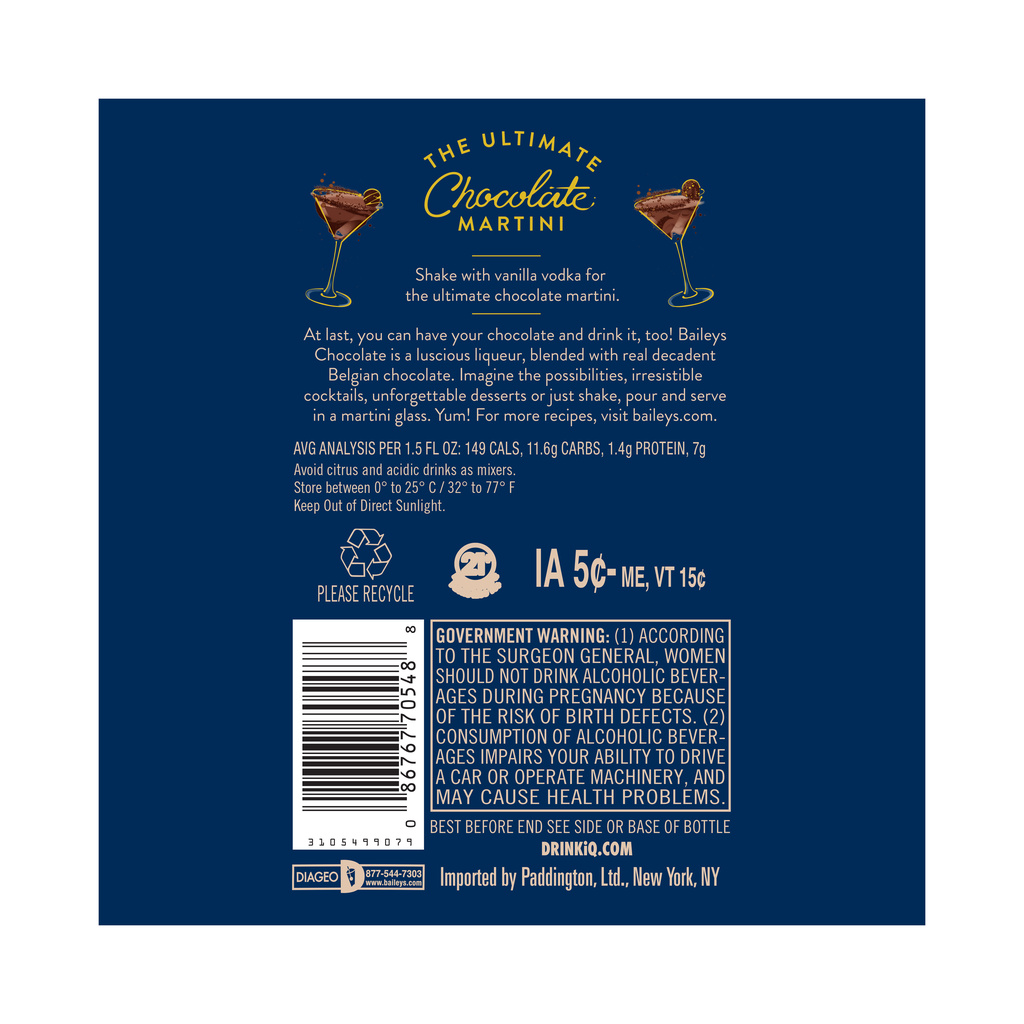 Baileys Irish Cream Liqueur, Chocolate Nutrition Facts