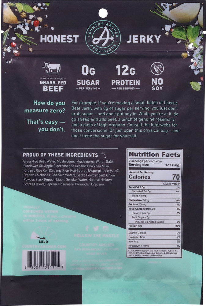 Country Archer Beef Jerky, Zero Sugar, GrassFed, ClassicPlanogramBack